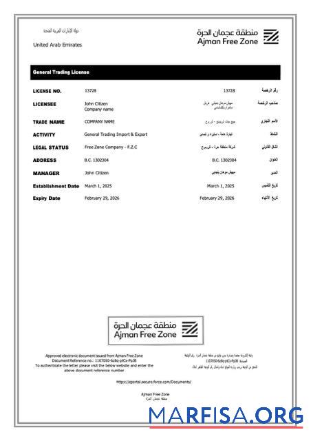 Downloadable UAE Ajman trading license Word and PDF template